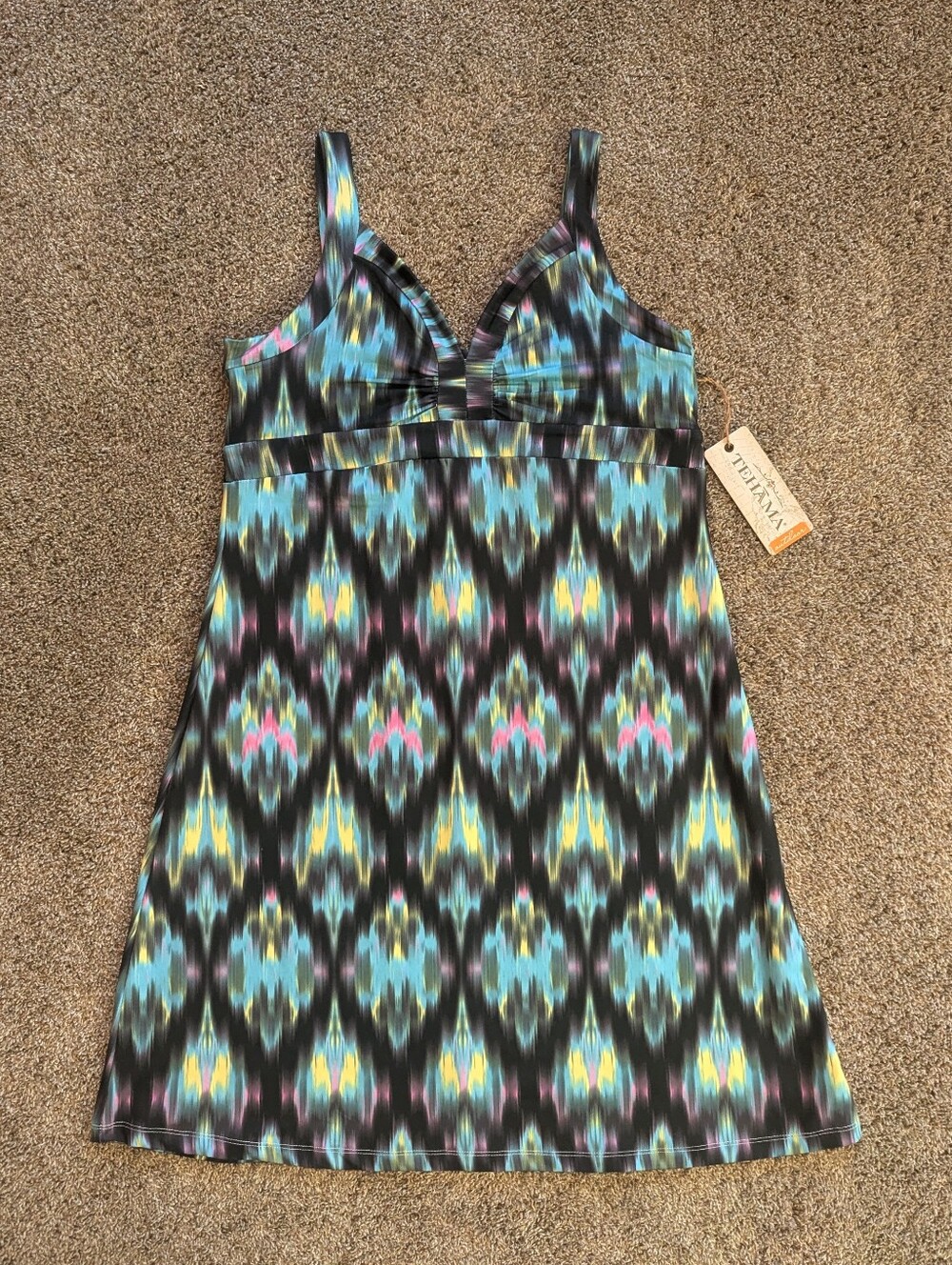 TEHAMA Size Medium Blue and Green Ikat-Style Sleeveless Dress